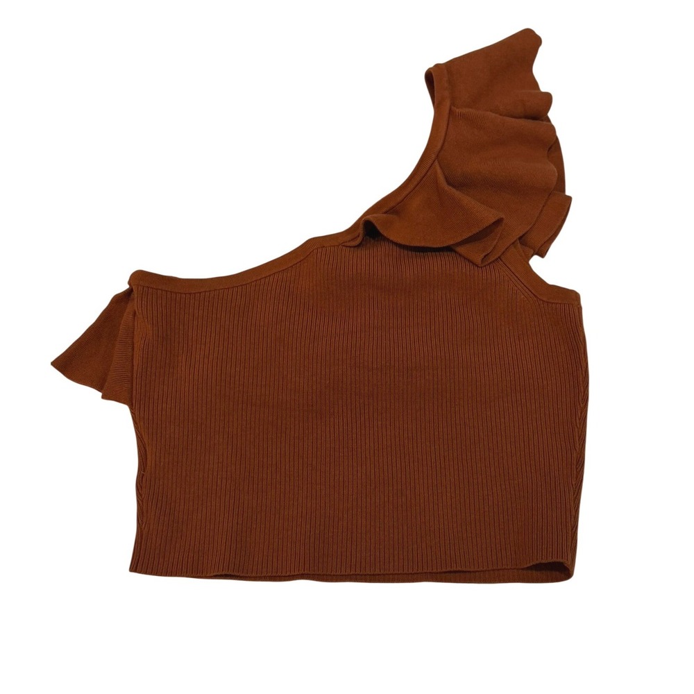 Express One Shoulder Ruffle Ribbed Knit Crop Top Rust Brown Size Large NEW - Picture 2 of 6